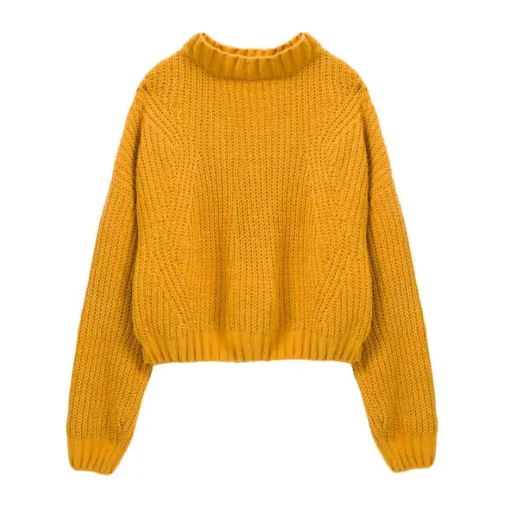 A mustard yellow knitted sweater with long sleeves, a ribbed crew neckline, and ribbed cuffs and hem.cozy winter outfits