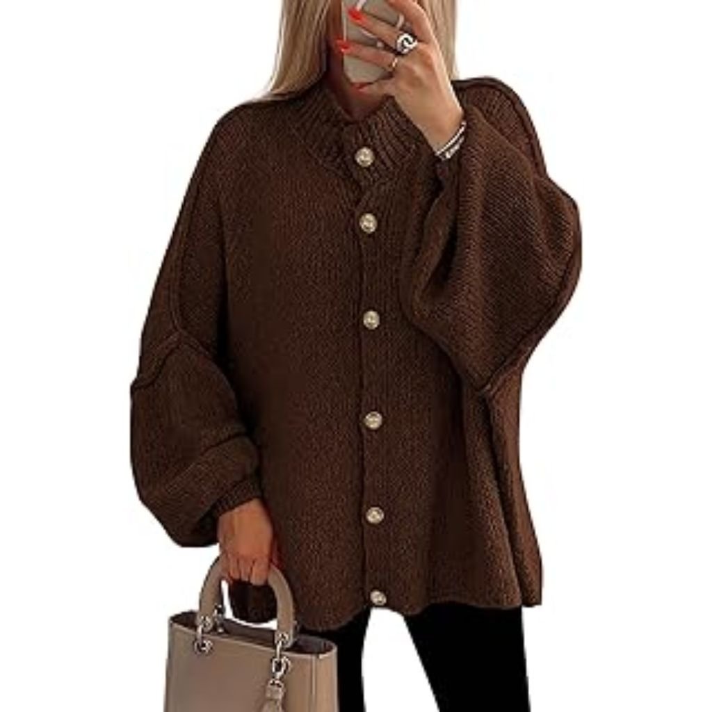 "Brown button-up cardigan with gold buttons and front pockets."trendy cardigan outfits