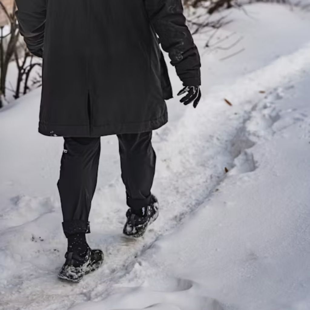 Person wearing dark winter clothing walking along a narrow, snow-covered path.Trench-Style Winter Coats