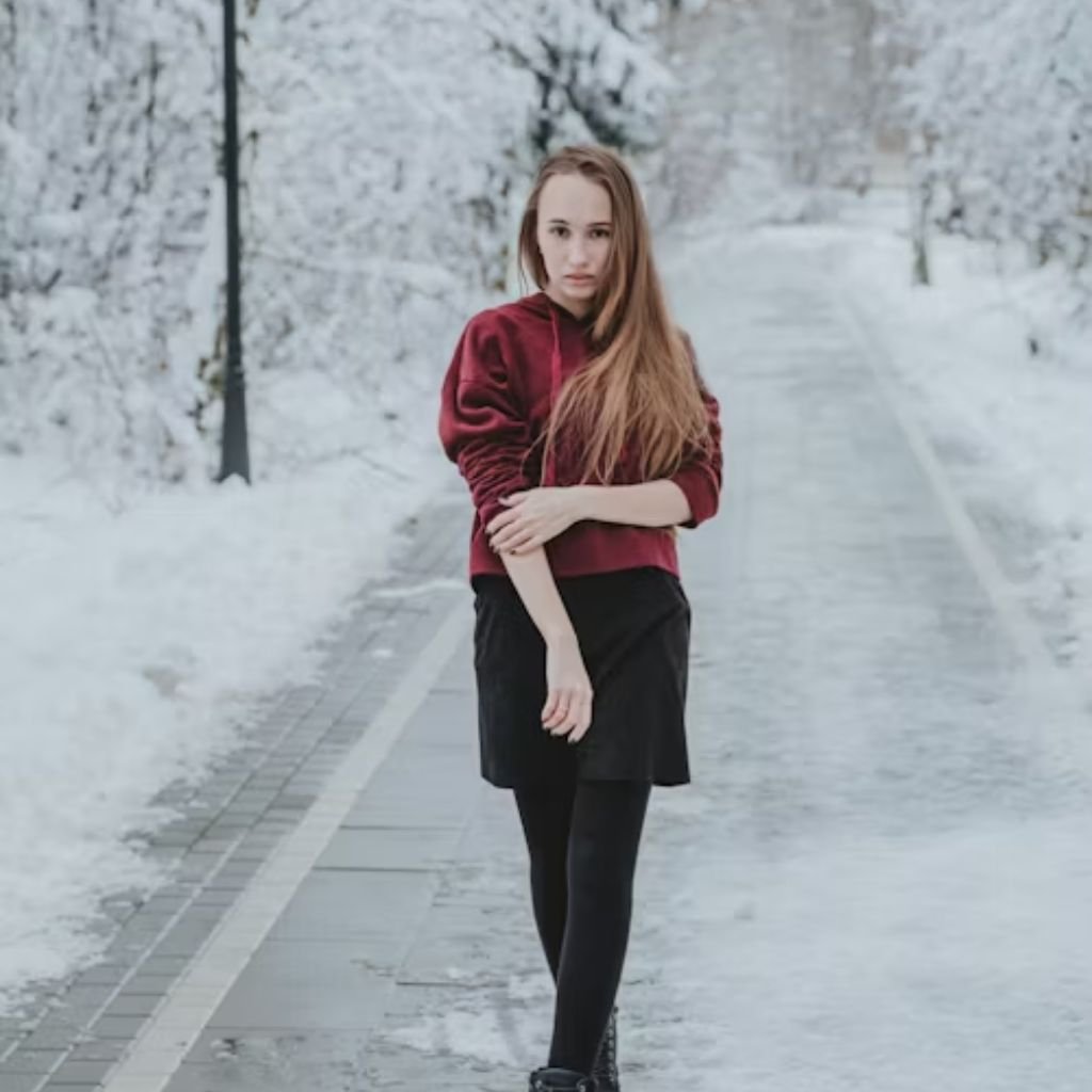 A young woman wearing a maroon sweater, black skirt, and black tights walking on a snowy path surrounded by snow-covered trees.Monochrome winter outfits