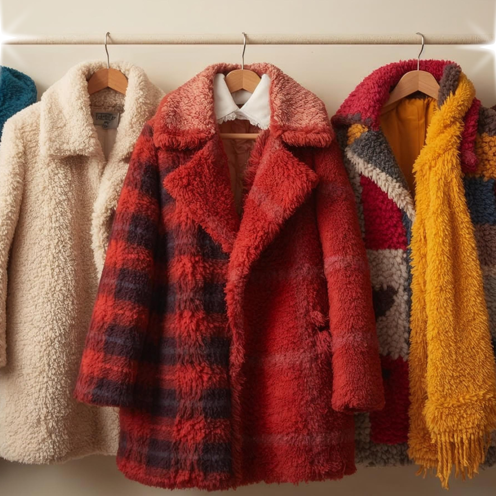 A row of fluffy, colorful winter coats hanging on wooden hangers, including cream, red plaid, multicolor striped, and yellow scarves.