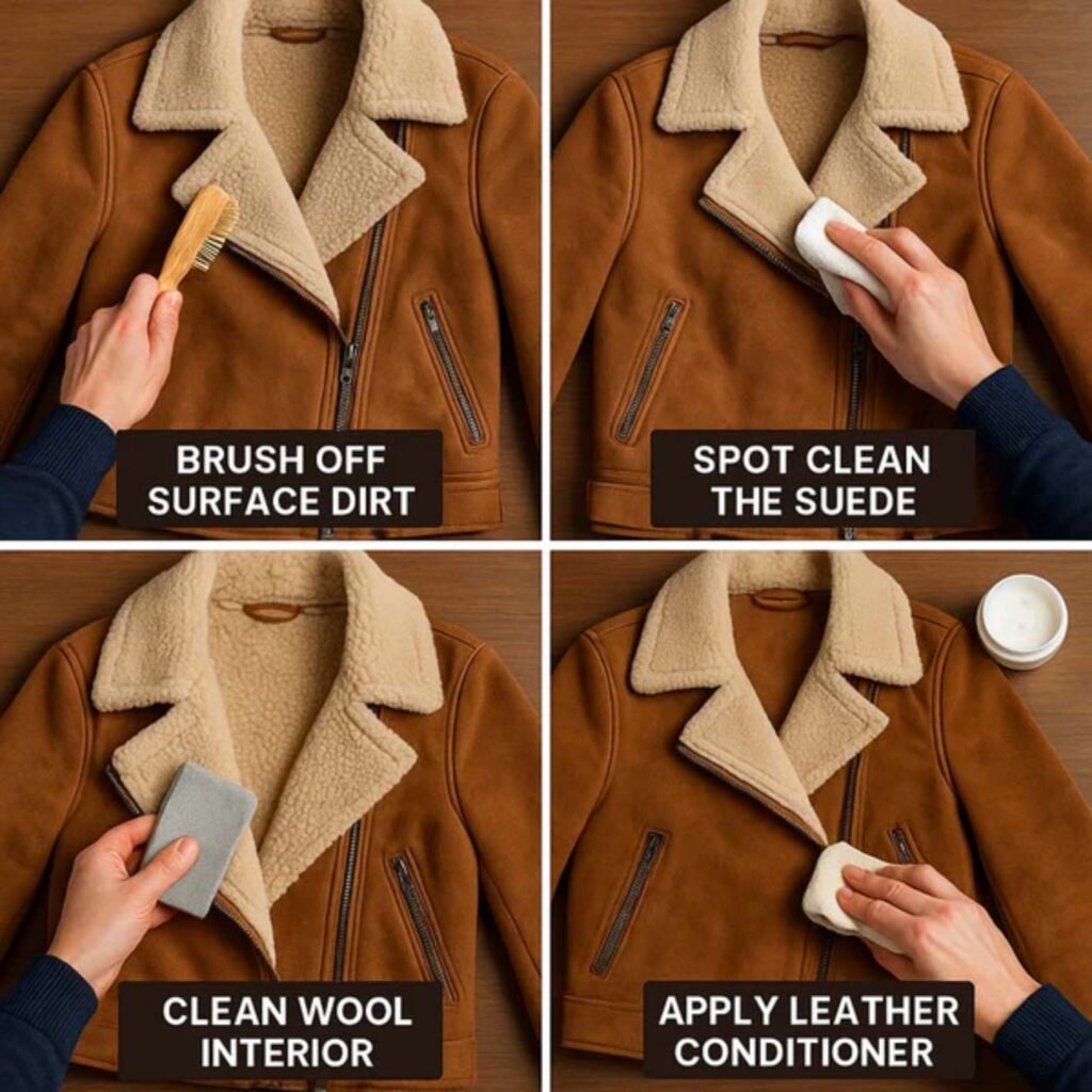 A four-panel step-by-step guide showing how to care for a brown shearling/ leather coat: top-left shows brushing off surface dirt with a small brush; top-right shows spot cleaning the suede with a cloth; bottom-left shows cleaning wool interior with a sponge; bottom-right shows applying leather conditioner with a cloth.