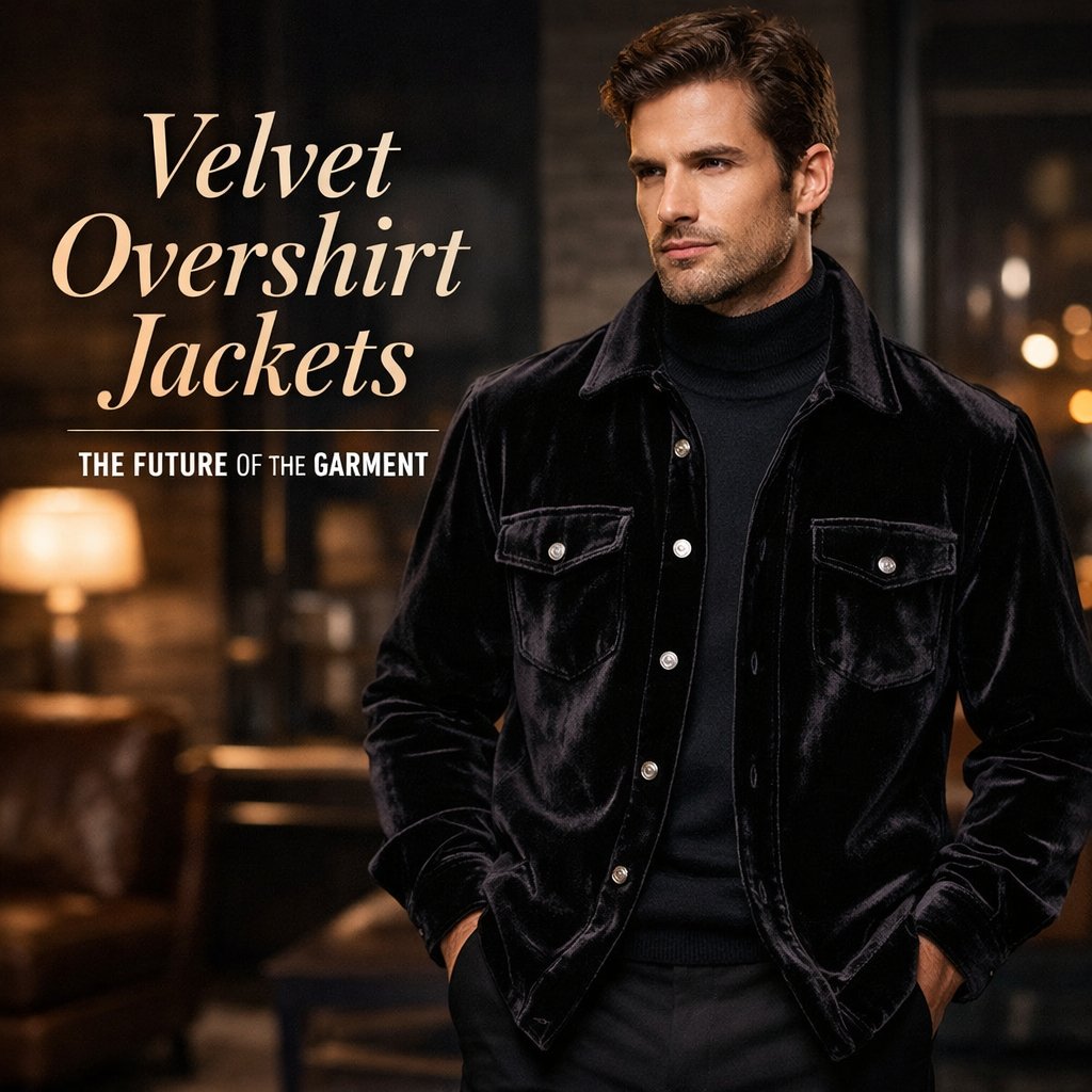 A well-dressed man wearing a black velvet overshirt and black turtleneck, standing in a warmly lit room. Text on the left reads “Velvet Overshirt Jackets” and “The Future of the Garment.”
