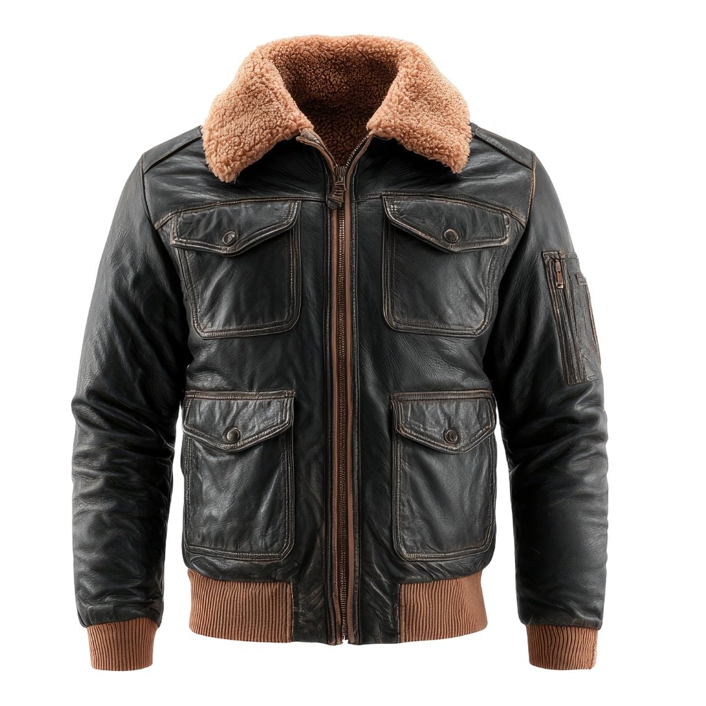 A black leather jacket with a thick, light brown shearling collar, multiple front pockets, ribbed knit cuffs and hem, and a central zipper.