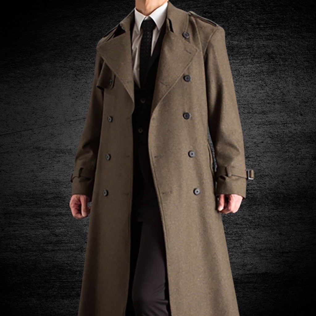 A person wearing a long brown trench coat, double-breasted with buttons, white shirt, black tie, and dark pants, standing against a dark textured background.