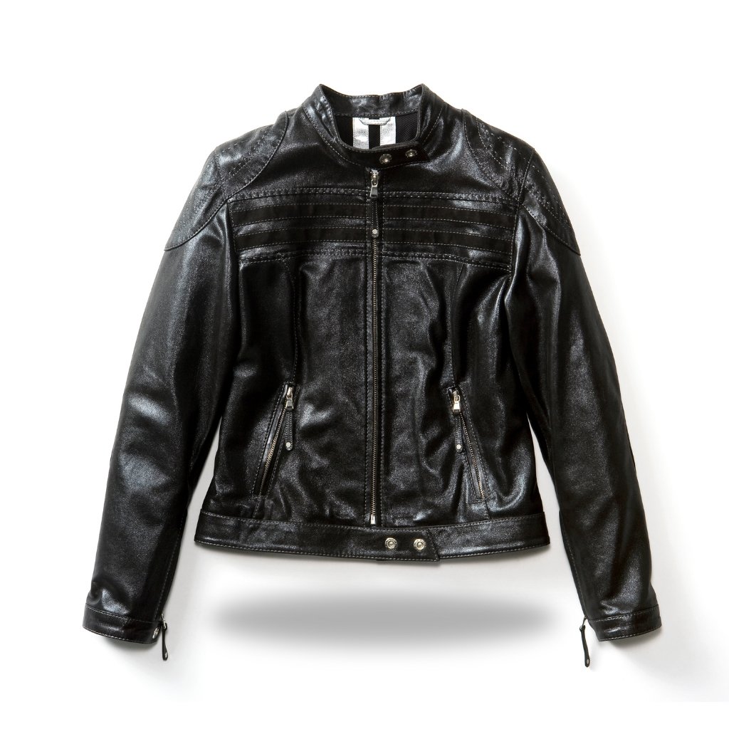 A black waxed leather jacket with a front zipper, stand collar, quilted shoulder panels, and zippered pockets.