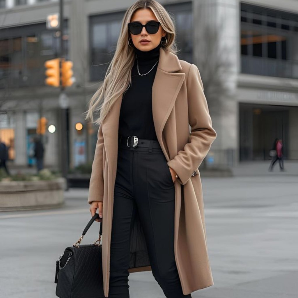 A stylish woman walking in an urban setting wearing a camel overcoat, a black turtleneck, black high-waisted pants with a belt, black sunglasses, and hoop earrings. She carries a black quilted handbag and wears her long blonde hair down.