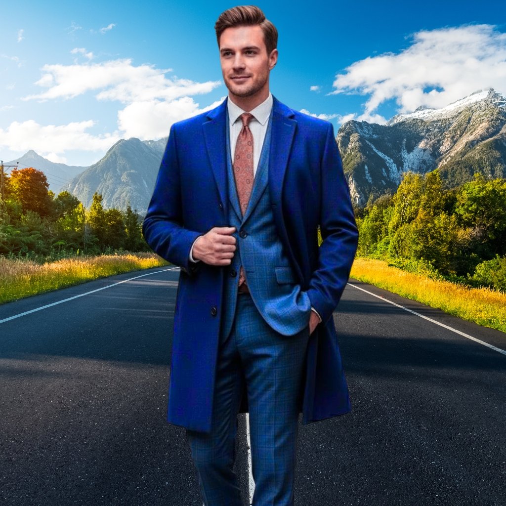 A man wearing a sharp blue overcoat and a light blue suit with a salmon-colored tie stands confidently on a road that stretches into a scenic landscape of mountains, trees, and a bright blue sky.