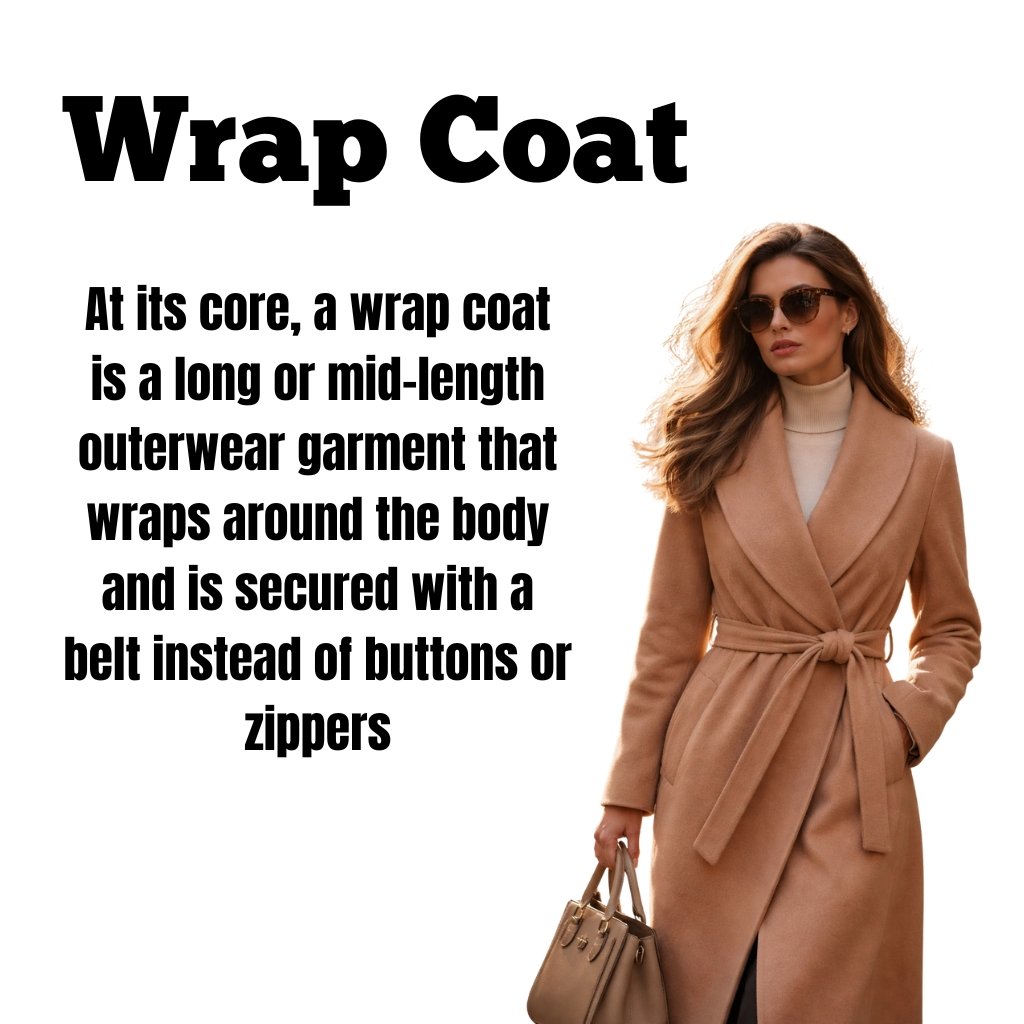 Woman wearing a tan wool wrap coat with a belt, holding a tan handbag, large bold title ‘Wrap Coat’ and paragraph text describing wrap coats.