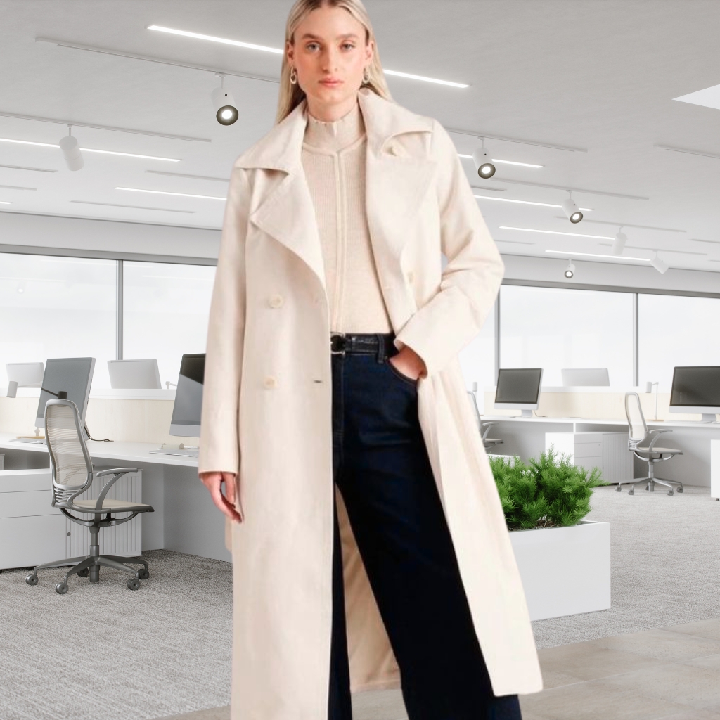 Ultimate Classic Topcoat: Why It Never Goes Out of Style 7 A stylish woman stands in a bright, modern office wearing a long, light beige trench coat over a matching sweater and dark jeans. The open coat reveals the outfit, and she has a confident pose with one hand in her pocket.