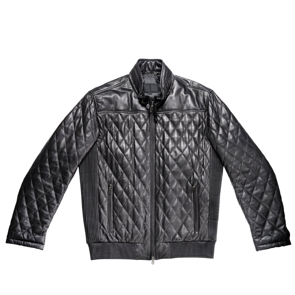 A heavy black leather jacket with a quilted pattern on the front and sleeves, ribbed cuffs and hem, zip front, and vertical zip pockets. The jacket has a stand collar and a sleek, rugged look.