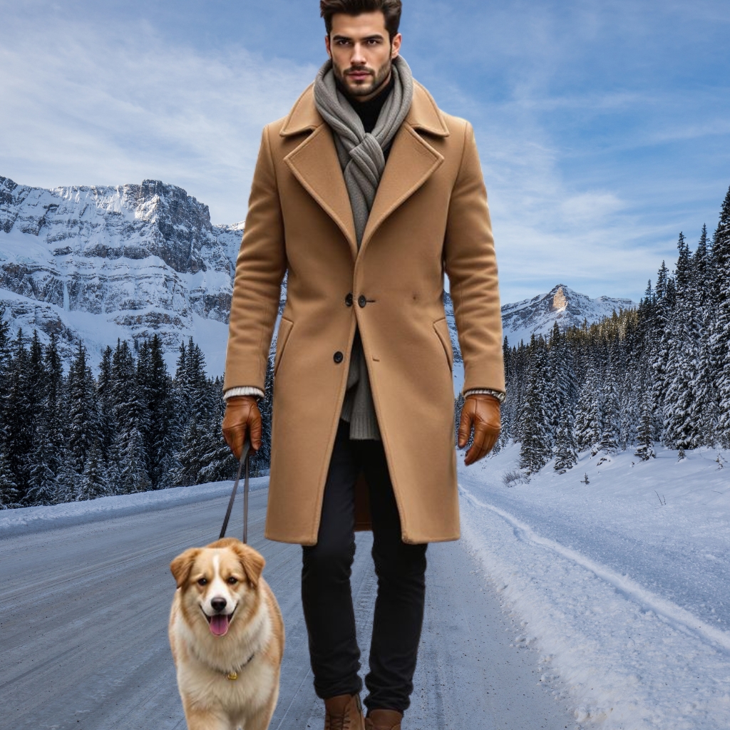 Chesterfield Overcoat Guide Classic Style with Modern Appeal 9 A man in a camel-colored overcoat, scarf, and gloves walks a dog on a snowy mountain road. He holds the leash with one hand while the dog, a fluffy light-brown-and-white dog, trots beside him. Snow-covered trees and rugged mountains fill the background.