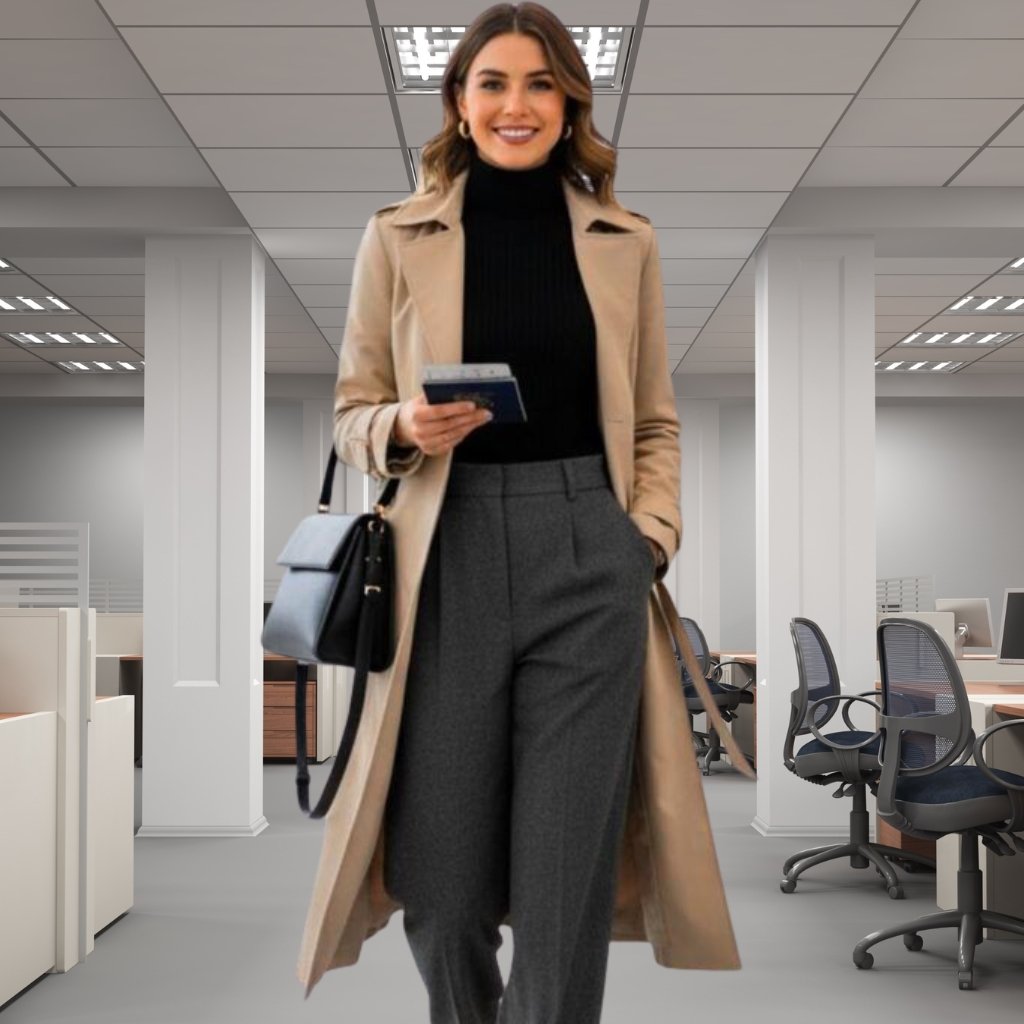 A stylish woman walking through a modern office, wearing a beige trench coat over a black turtleneck and gray wide-leg pants, carrying a blue handbag and a passport or cardholder.