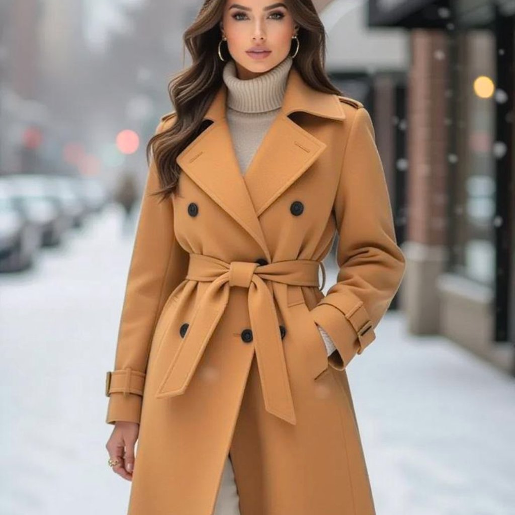  A stylish woman wearing a camel-colored double-breasted trench coat with a wide belt tied at the waist, standing on a snowy urban street.Travel Friendly Topcoat