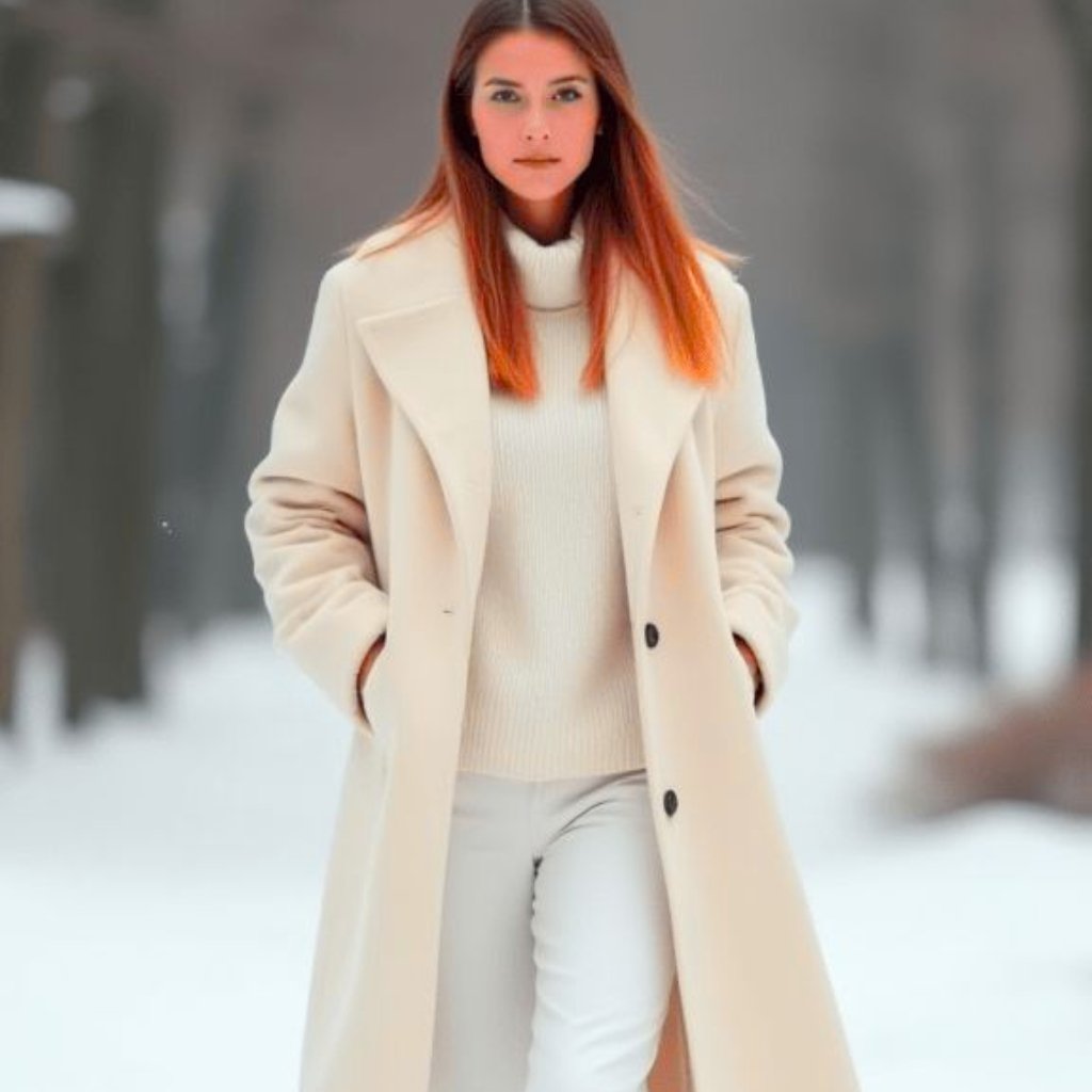 A stylish, knee-length beige coat with structured shoulders and a belt detail on the sides, worn over a black top. The wearer holds a smartphone to take a mirror selfie and accessorizes with layered gold necklaces and a small black handbag. The setting appears to be a bright, cozy room.