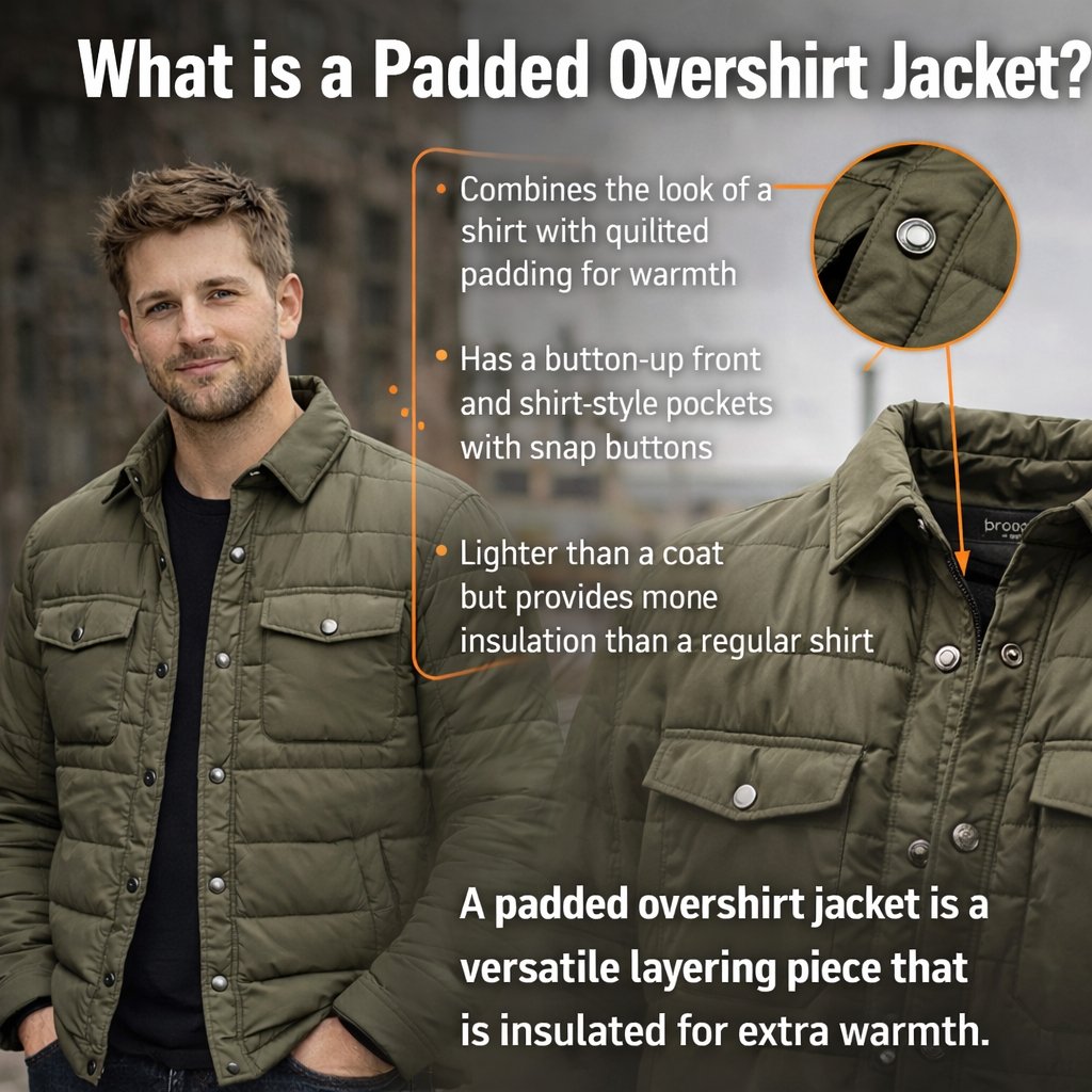 Man wearing an olive padded overshirt jacket; infographic text explains features of a padded overshirt.