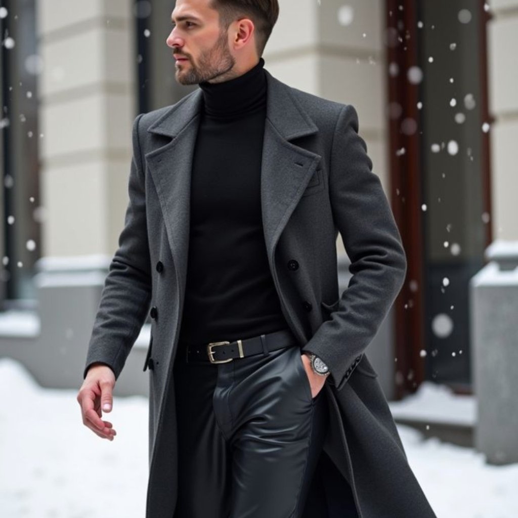 A stylish man walks in a snowy urban setting, wearing a dark turtleneck, a long gray overcoat, and black leather pants with a black belt. Snowflakes fall around him as he looks to the side.