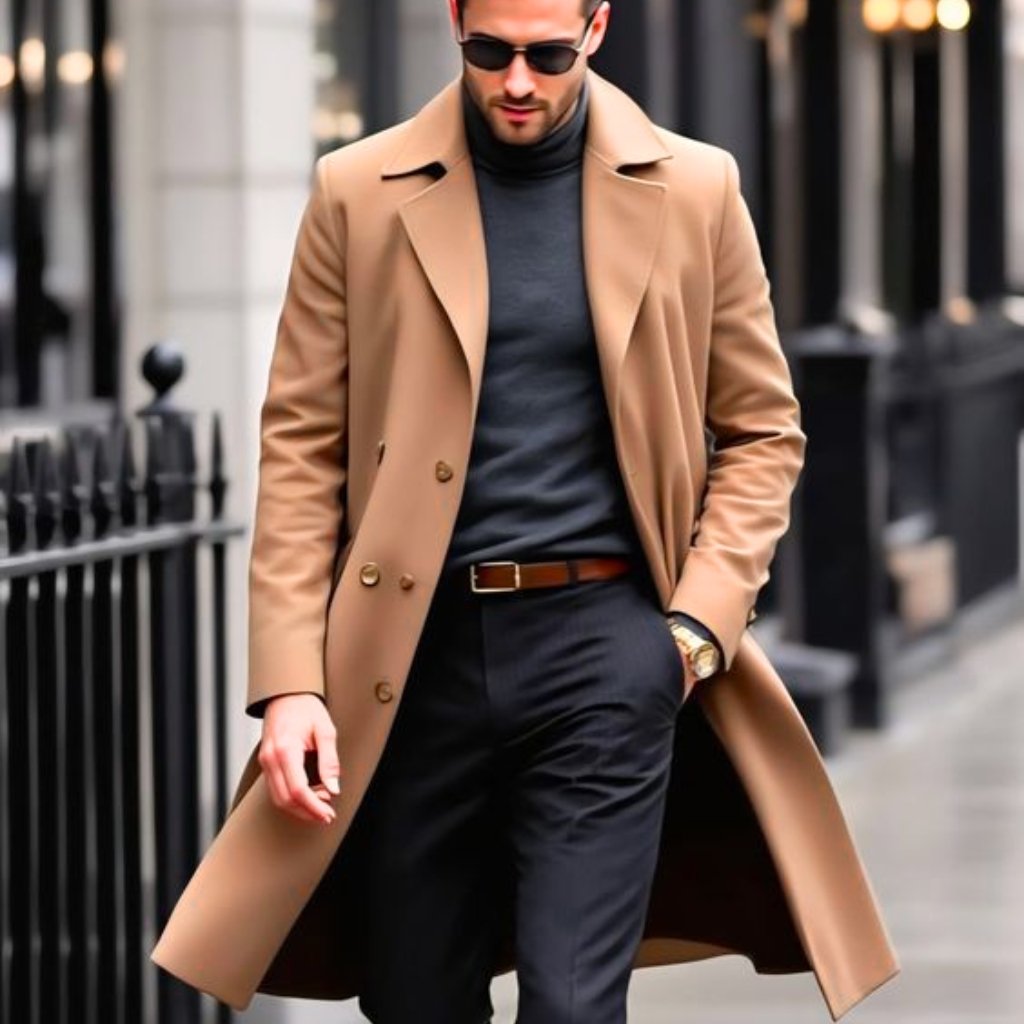 A stylish man wearing a camel overcoat, dark turtleneck, and black trousers, walking outdoors while wearing sunglasses and a brown belt.