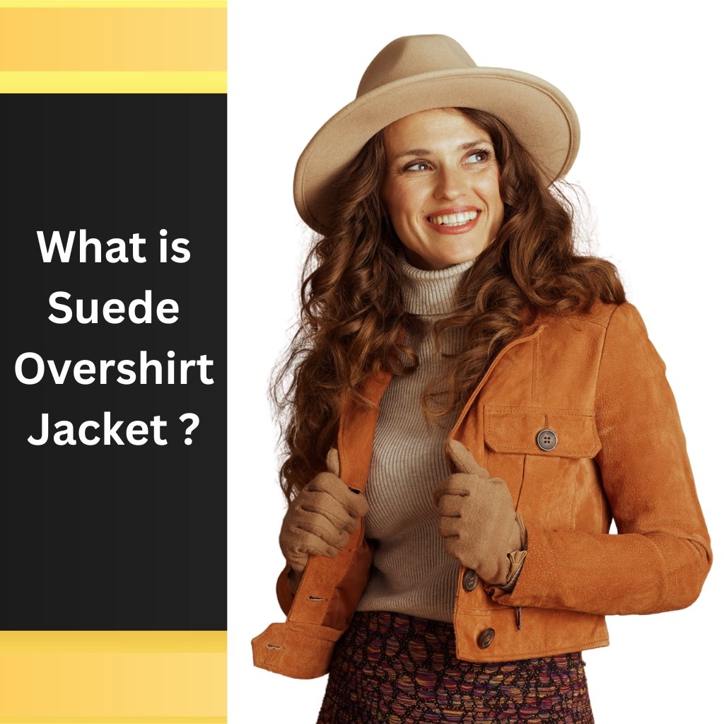  A smiling woman wearing a tan wide-brim hat and an orange suede overshirt, posing with her hands on the jacket. The left side features a black vertical panel with yellow decorative borders.

