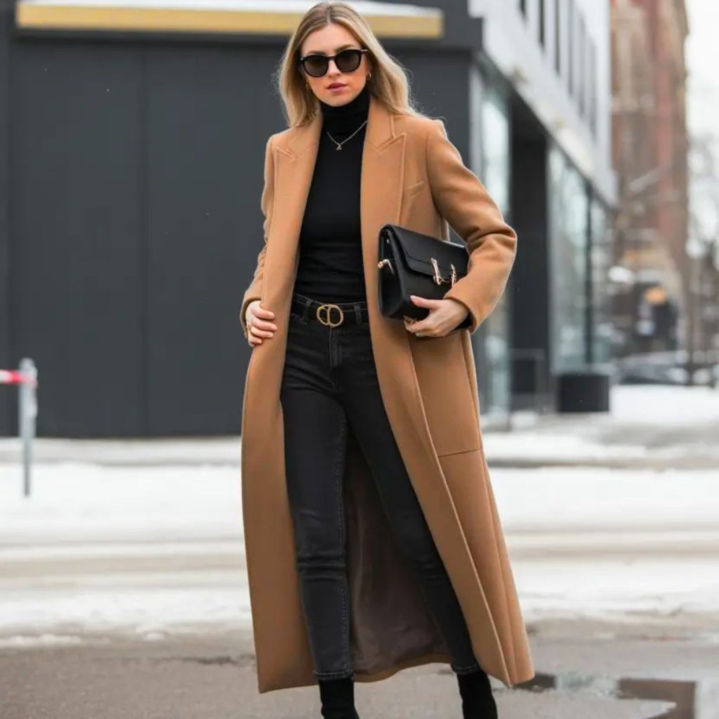 A stylish woman walking outdoors in a city, wearing a long camel coat over a black turtleneck and black jeans, with black ankle boots and a black handbag. She has sunglasses and a belt with a double-ring buckle. What is a Topcoat