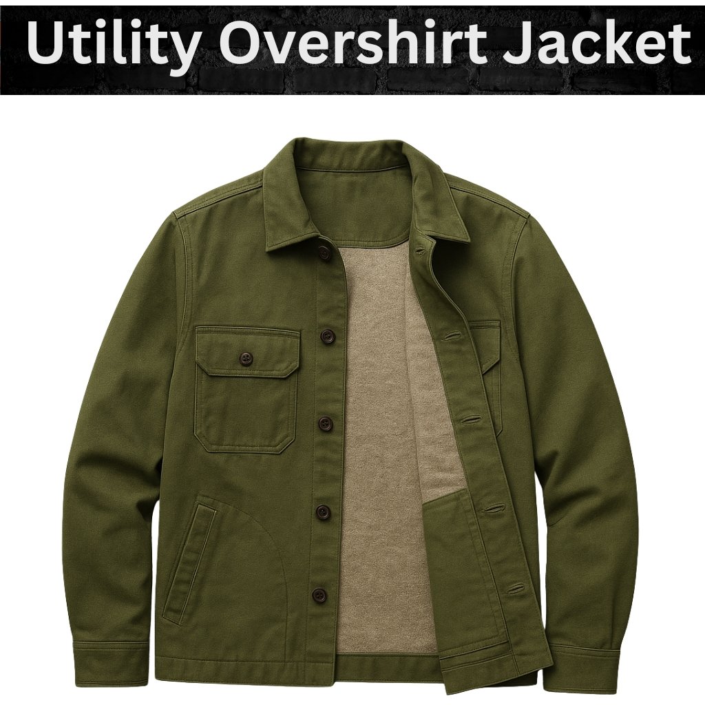  A green utility overshirt/jacket layered over a light brown top, with visible front pockets and button closures.

