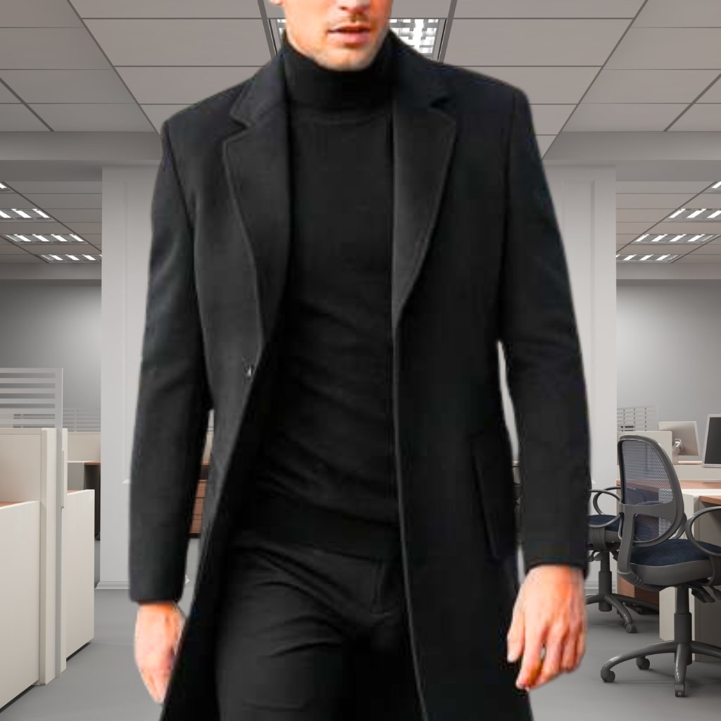A man wearing a black turtleneck and a long black coat walking toward the camera in a modern office environment with desks and chairs in the background.