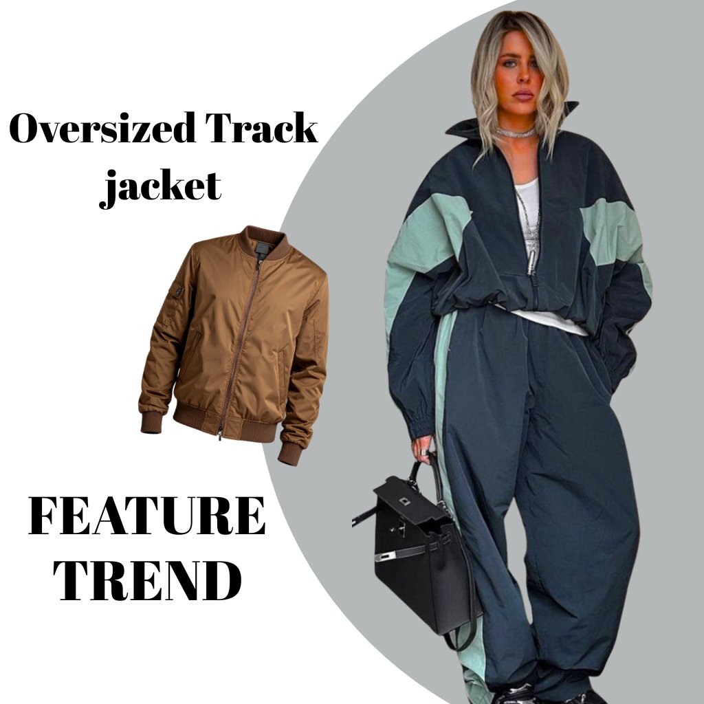 Fashion collage featuring an oversized track jacket look with a brown bomber jacket and a dark color-blocked windbreaker outfit against a curved gray background.