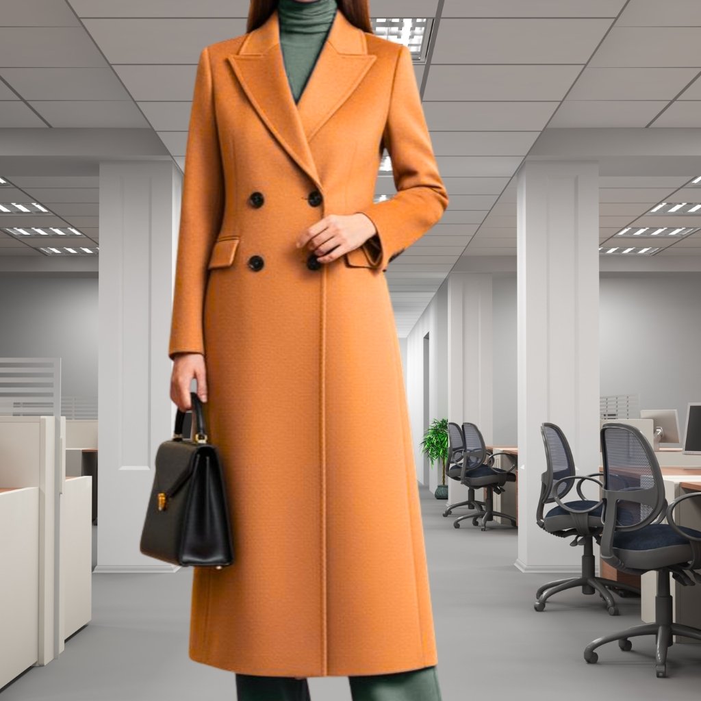 A person wearing a long, caramel-orange double-breasted coat and carrying a black handbag walks through a modern office with white columns, gray floors, and desks with swivel chairs in the background.