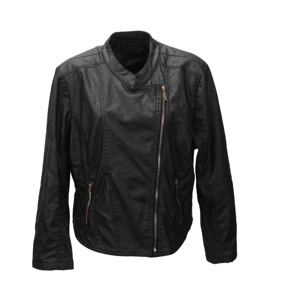 A black heavy leather jacket with an asymmetric zipper and vertical zip pockets, displayed on a white background.