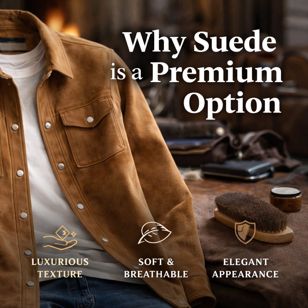 A tan suede jacket draped over a chair with a wooden surface and grooming tools in the background; bold white text reads 'Why Suede is a Premium Option' and there are icons with labels 'Luxurious Texture', 'Soft & Breathable', and 'Elegant Appearance'.