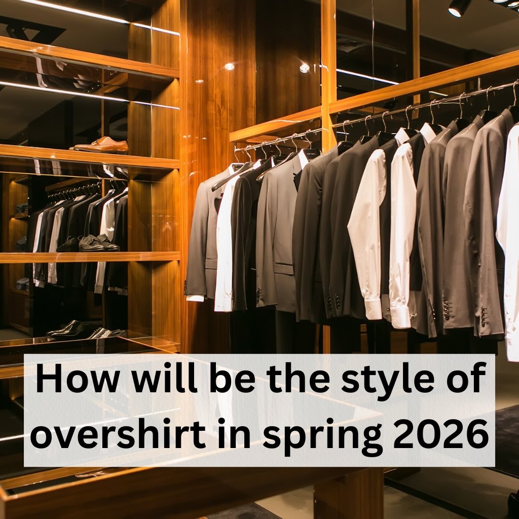 A stylish men's clothing store with suits and dress shirts on racks, wooden shelves, and warm lighting; bold text overlay reads 'How will be the style of overshirt in spring 2026