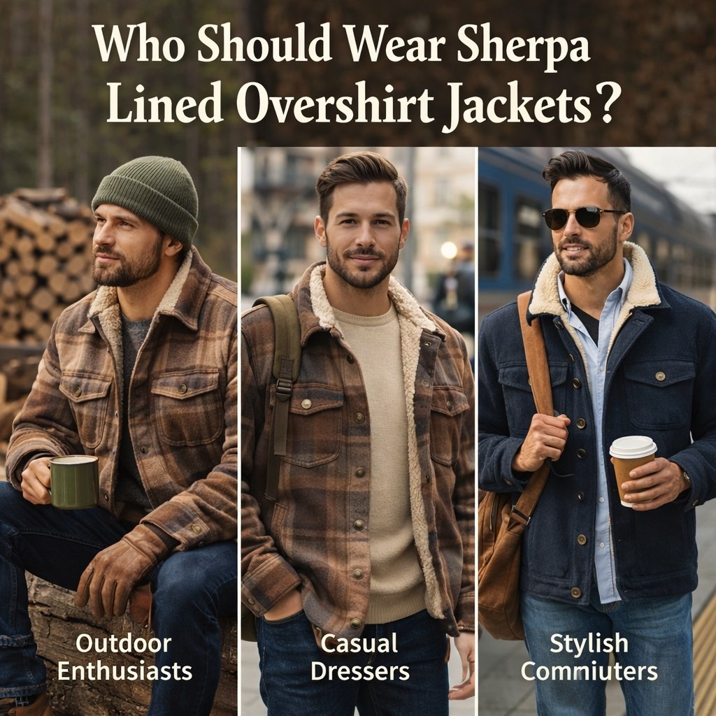 Three men wearing sherpa-lined overshirts: outdoor enthusiast on left, casual dresser in middle, stylish commuter on right.