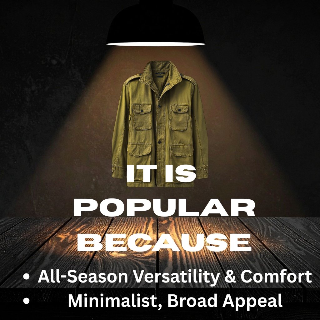 A khaki military-style jacket is illuminated by a spotlight from above against a dark background; text overlaid reads “IT IS POPULAR BECAUSE” with bullet points about all-season versatility, comfort, minimalist style, and broad appeal.