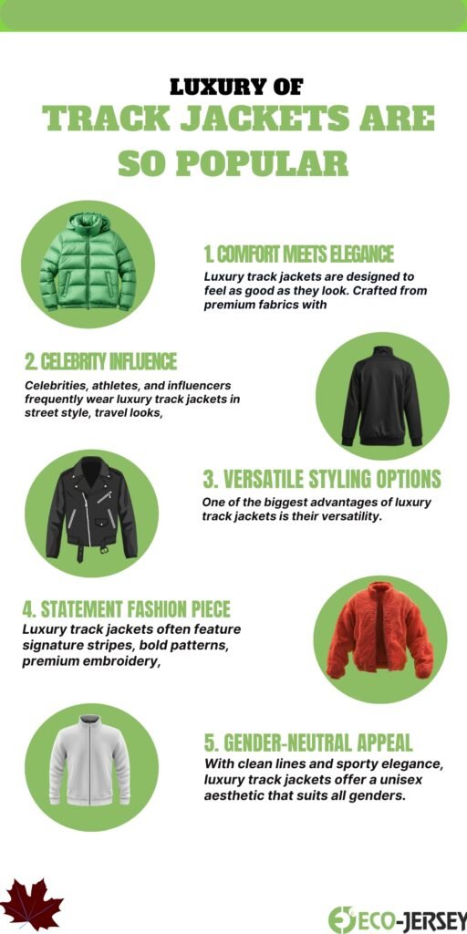 Infographic titled “Luxury of Track Jackets Are So Popular” with five numbered points and circular images of jackets in green and black, red, and white. Points include: 1) Comfort Meets Elegance, 2) Celebrity Influence, 3) Versatile Styling Options, 4) Statement Fashion Piece, 5) Gender-Neutral Appeal. Eco-Jersey logo at bottom right and a red maple leaf motif at bottom left.