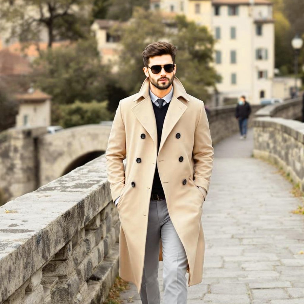 A stylish man wearing a long beige trench coat, sunglasses, and light-colored pants walks along a stone bridge in an urban setting with buildings in the background.