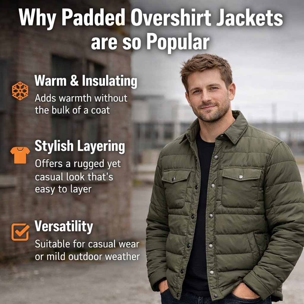 A man wearing a padded olive-green jacket stands outdoors with text overlaid about “Why Padded Overshirt Jackets are so Popular” and bullet points: “Warm & Insulating,” “Stylish Layering,” and “Versatility.”