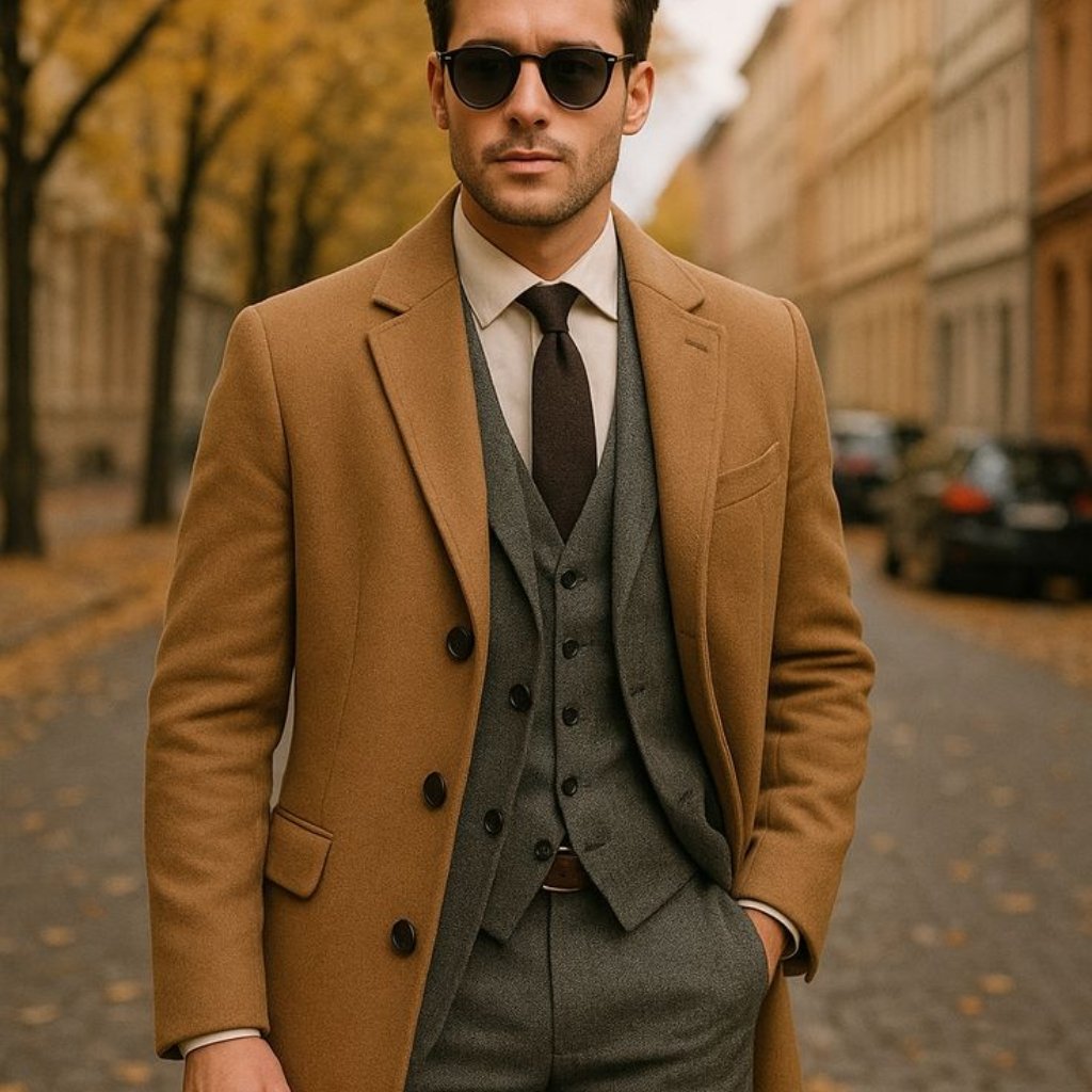 A stylish man walking on a autumn street, wearing a camel overcoat over a gray three-piece suit with a black tie and dark sunglasses.