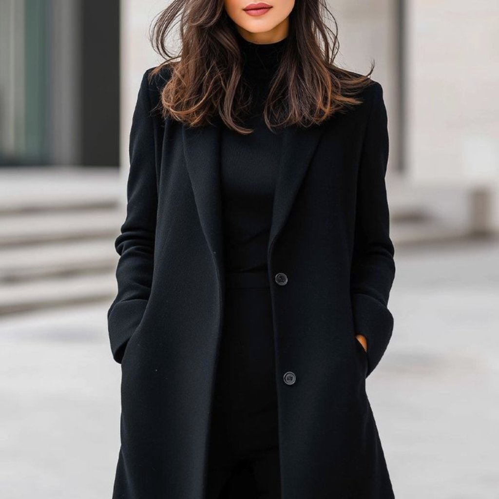 Woman wearing an all-black outfit: a black coat over a black turtleneck, standing outdoors with hands in pockets.