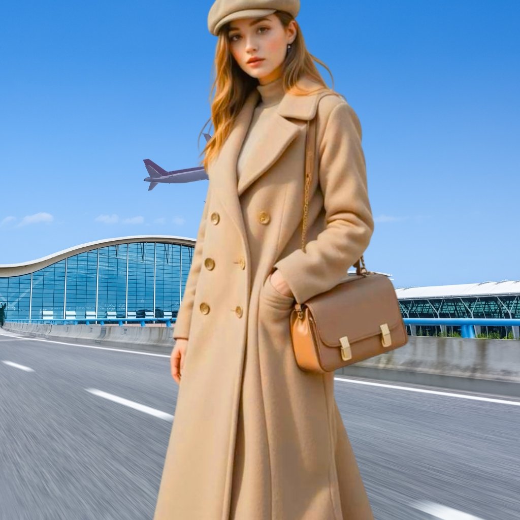A stylish young woman wearing a tan trench coat and matching beret stands beside a highway at an airport, with a plane taking off in the background and modern glass terminal buildings behind her.