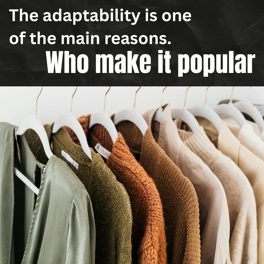 Rows of hanging jackets in earthy tones on white hangers, with a bold overlay text at the top reading 'The adaptability is one of the main reasons. Who make it popular'.