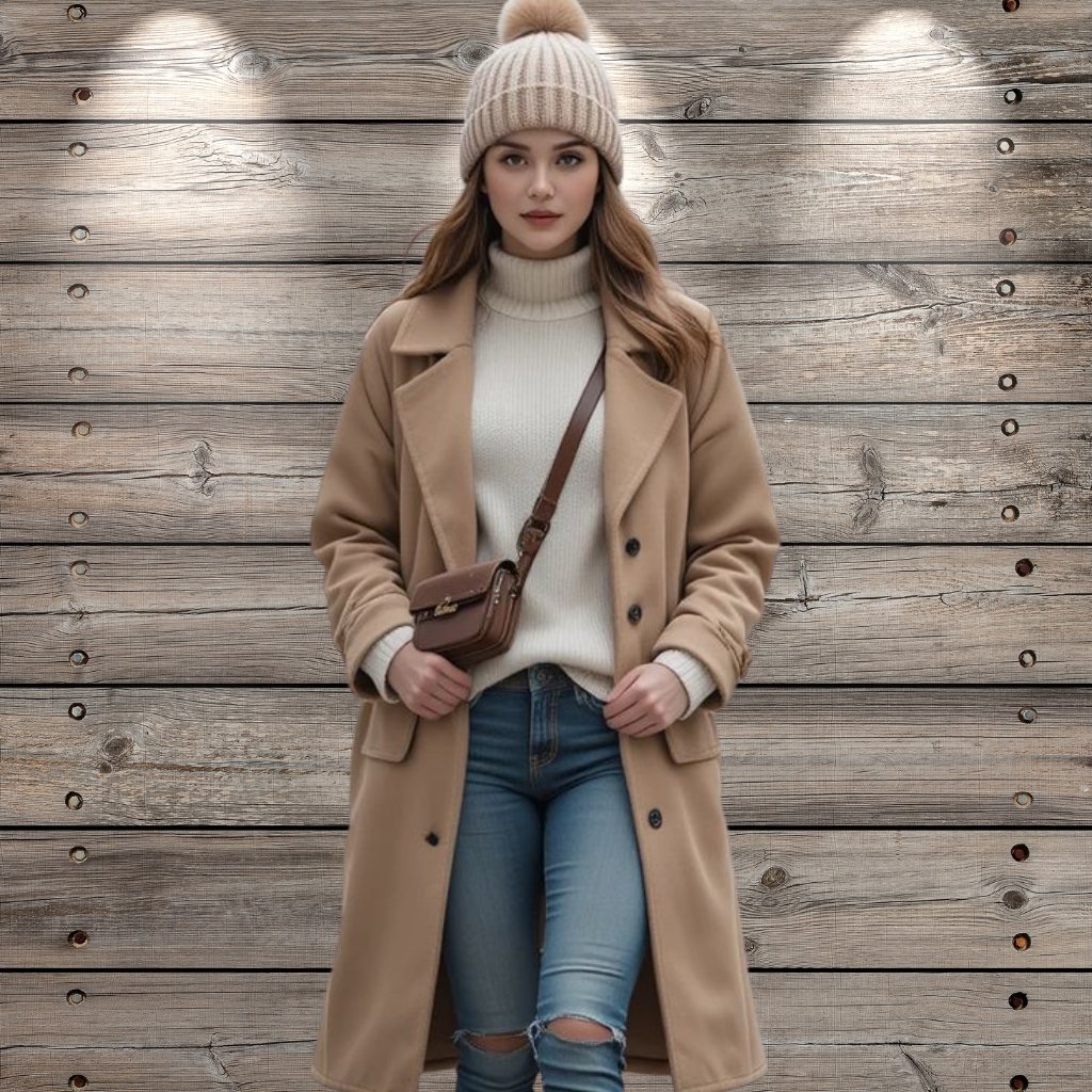 A stylish young woman stands against a wooden plank wall, wearing a beige long coat, cream turtleneck sweater, light blue ripped jeans, a beige knit beanie, and a small brown crossbody bag. She gazes calmly at the camera with hands near her coat.