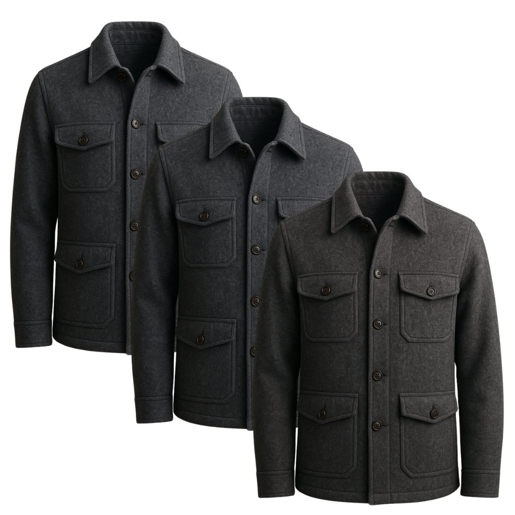 Wool Overshirt Jackets: Warmth and Style for Every Season 13 Three dark gray jackets with multiple pockets arranged in a row, shown from the chest up to mid-thigh.