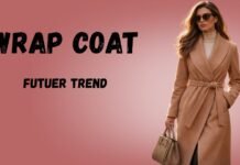 Wrap Coat for Women: History,Style and Warmth A stylish woman in a camel coat carrying a handbag, posing against a pink gradient background.