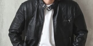 ZIP-Up Leather Jacket: Sleek Style with Everyday Comfort A black zip-up leather jacket worn over a white T-shirt.
