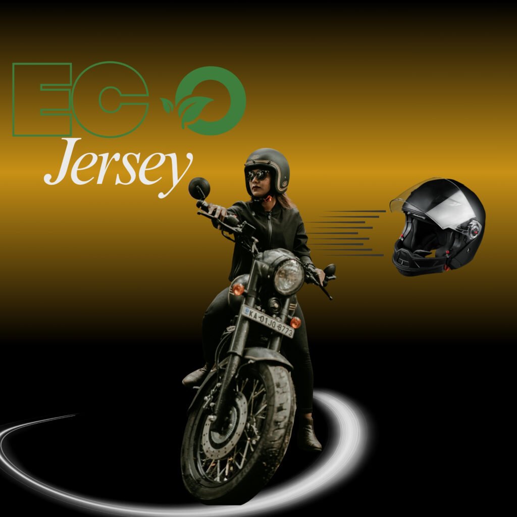 “A classic black biker leather jacket with an asymmetrical zipper and metallic hardware appears in front of a warm gradient background; a motorcycle rider wearing a helmet is pictured in motion, with a spare helmet floating nearby.”