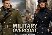 Military Overcoat Guide: History, Style, and Modern Wear Two models wearing stylish military-style overcoats: a man in an olive-green double-breasted coat with gold buttons and a belt, and a woman in a black double-breasted coat with silver buttons and a belt. They stand in urban surroundings, posing confidently.