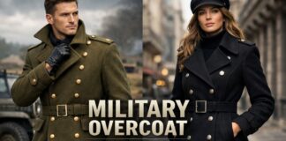 Military Overcoat Guide: History, Style, and Modern Wear Two models wearing stylish military-style overcoats: a man in an olive-green double-breasted coat with gold buttons and a belt, and a woman in a black double-breasted coat with silver buttons and a belt. They stand in urban surroundings, posing confidently.