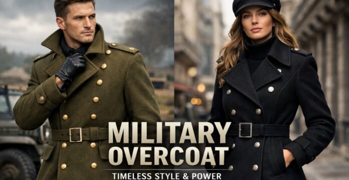 Two models wearing stylish military-style overcoats: a man in an olive-green double-breasted coat with gold buttons and a belt, and a woman in a black double-breasted coat with silver buttons and a belt. They stand in urban surroundings, posing confidently.