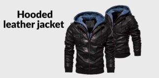 Hooded Leather Jacket: Perfect Blend of Fashion and Function Black hooded leather jacket with blue hood lining, front zipper, and ribbed cuffs displayed on a light gray background.