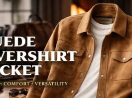 Brown suede overshirt jacket on a hanger with white inner shirt, text reading ‘Suede Overshirt Jacket’ and ‘Style • Comfort • Versatility’.